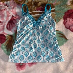 CABANA life blue and white tankini top. Size M. Signs of wear/Stain shown.